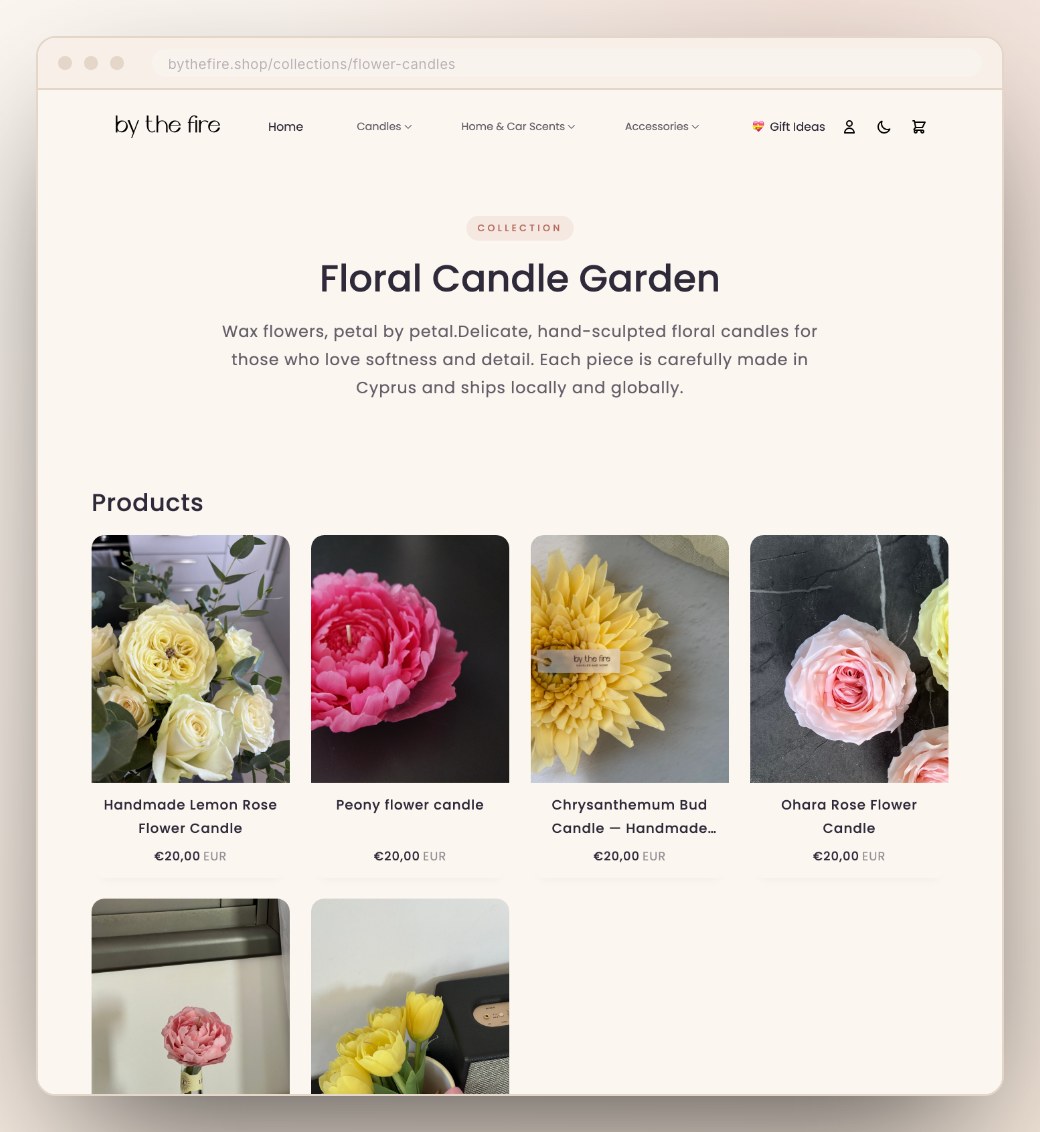 The Floral Candle Garden collection page with real products