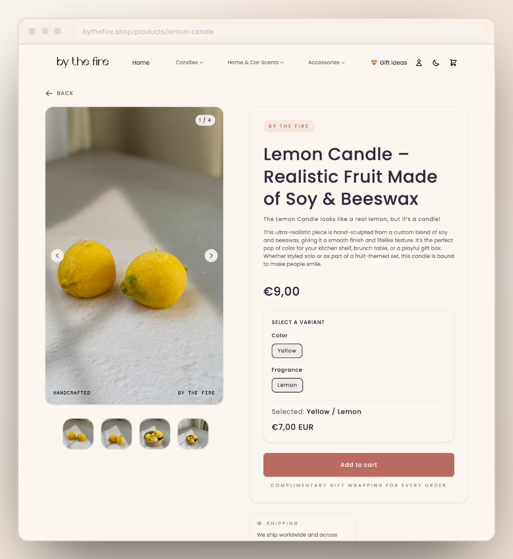 A product page for a hand-sculpted flower candle