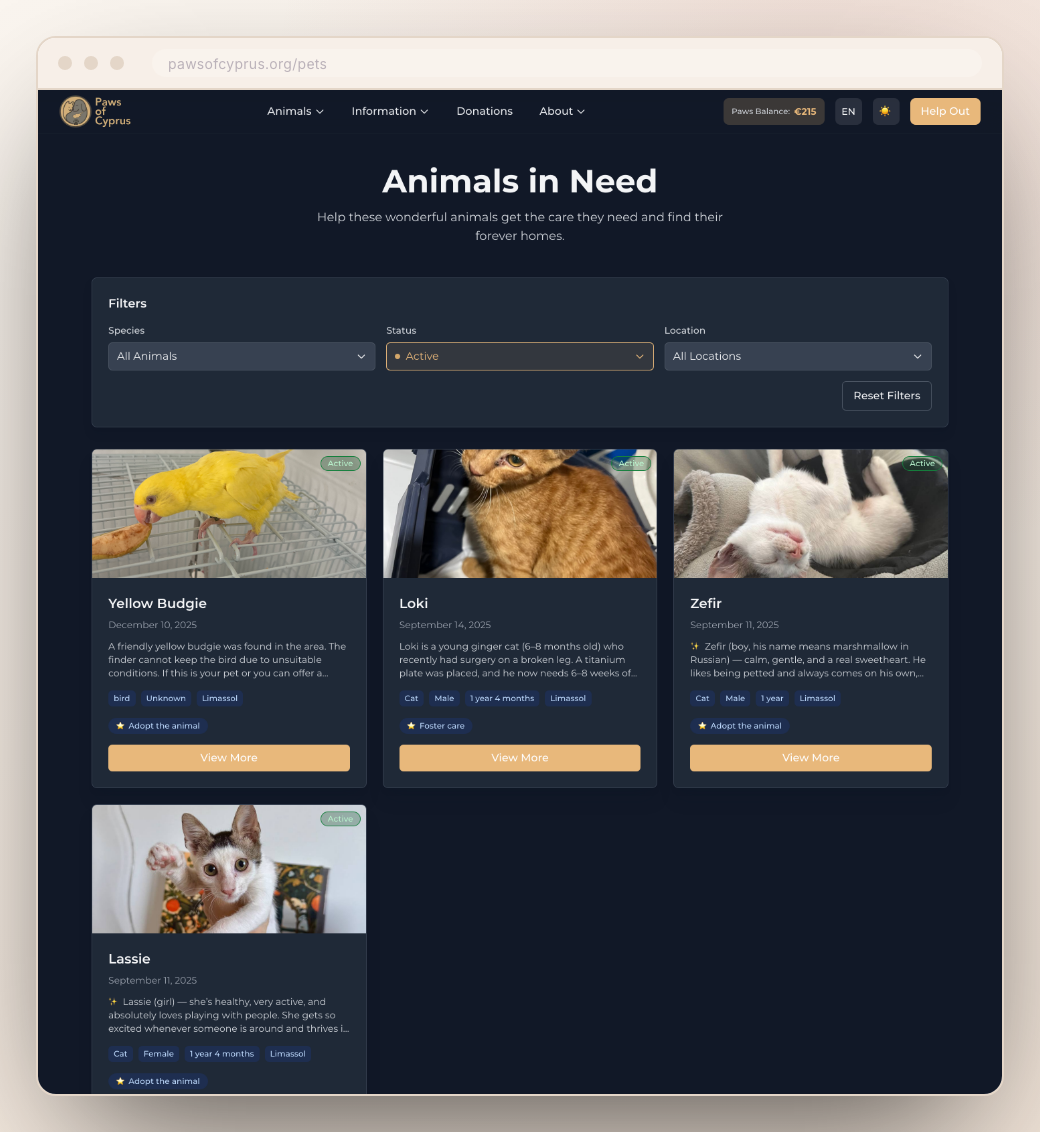 The animals catalogue with filters, in dark theme