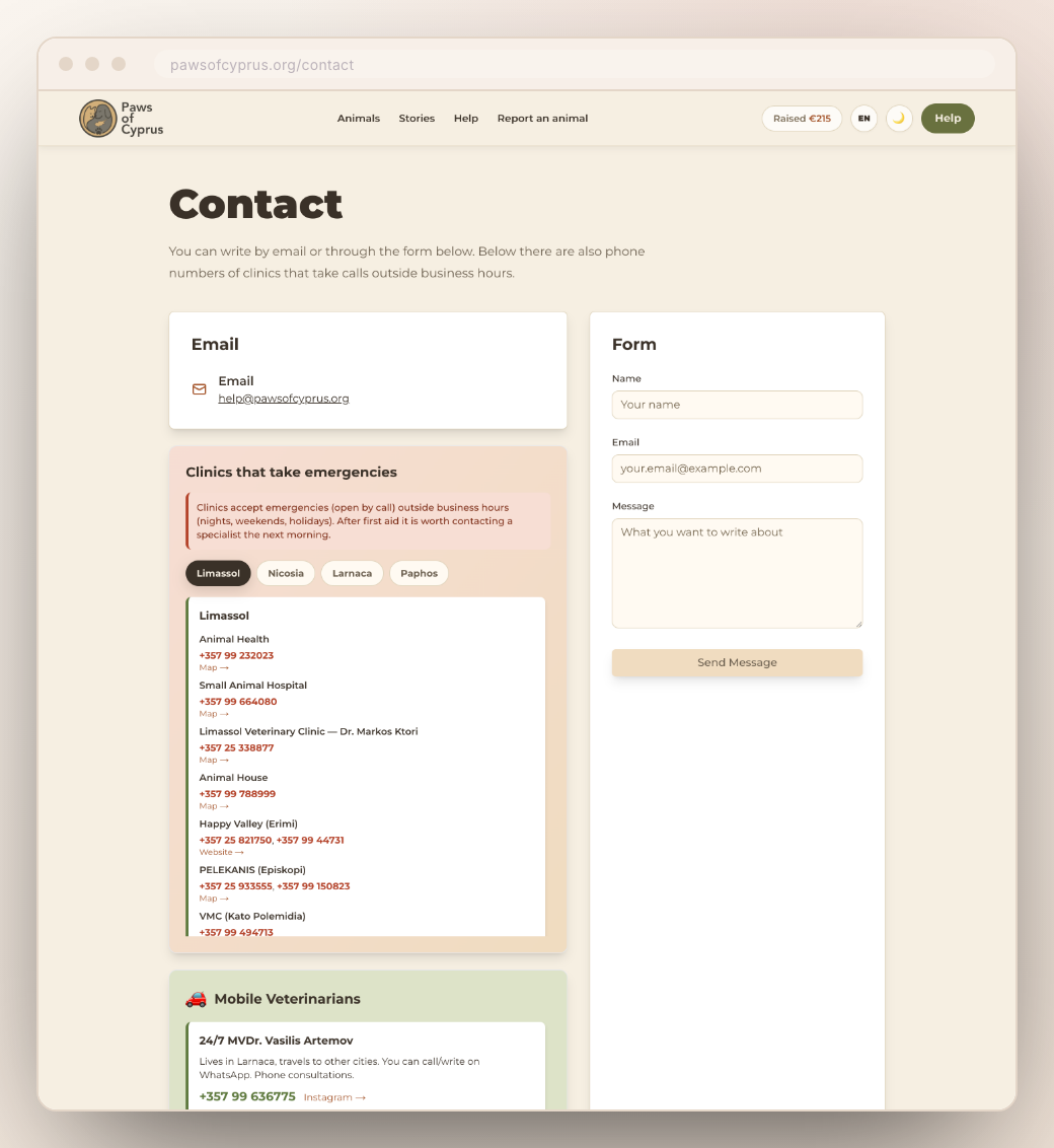 The contact page: an email address, a message form, and the phone numbers of clinics that take emergencies, tabbed by city