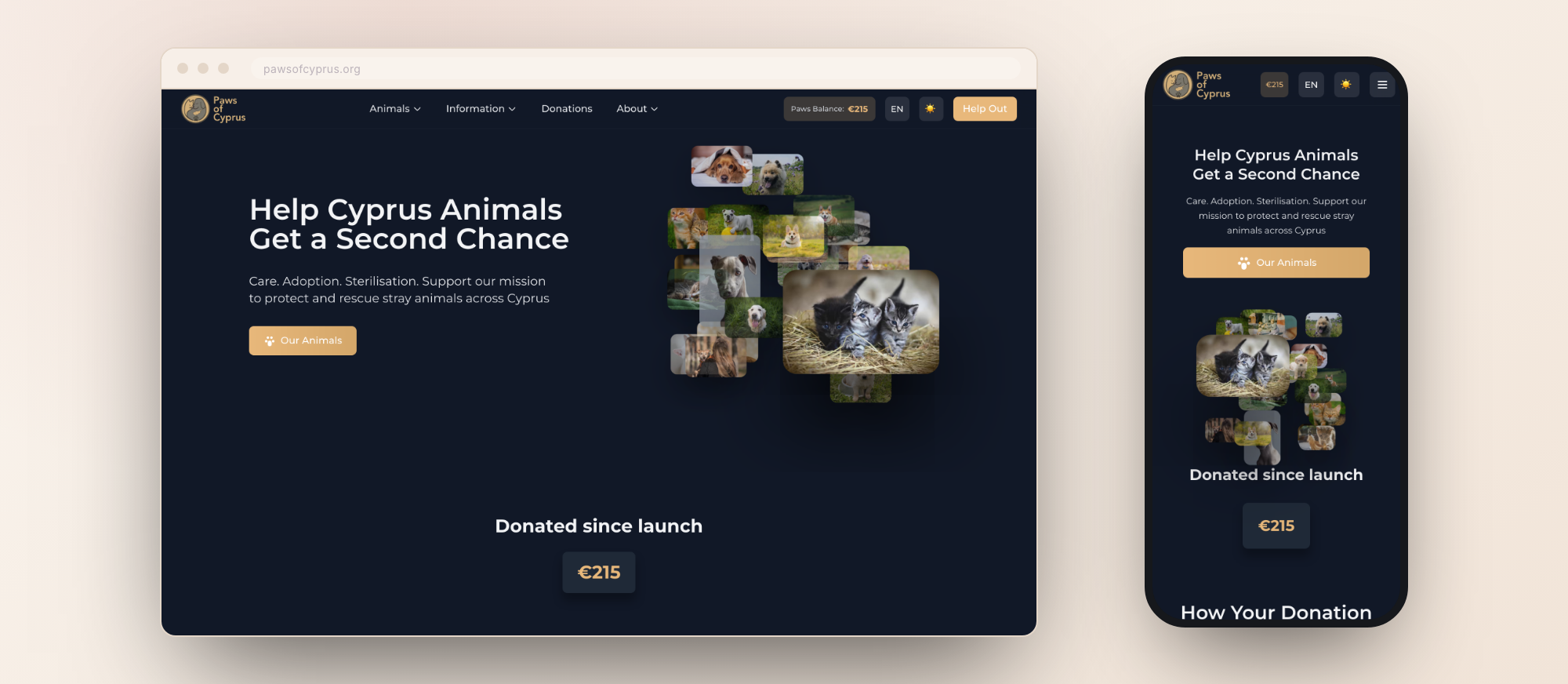 The Paws of Cyprus home page in dark theme
