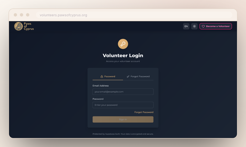 The volunteer sign-in screen, protected by Supabase Auth